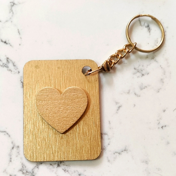 NEW Handcrafted Keychain Bag Tag! Abstract Earth. Gold Wood Heart. 2.25"x1.75" - Picture 5 of 6
